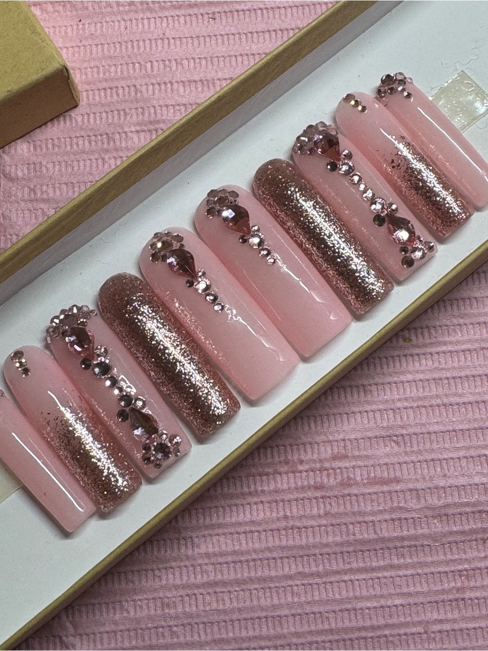 Blush Pink Rhinestone Glitter Press-On Nails size (1,5,4,6,8) thumb to pinky